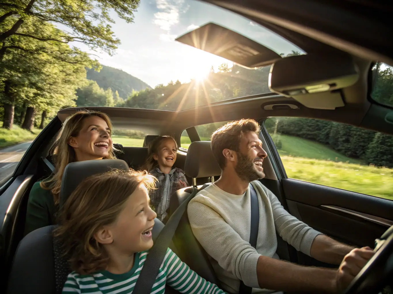 An image of a family happily driving their car along a scenic Florida highway, representing the security and freedom that auto insurance provides.
